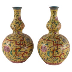 Antique Pair of Chinese Qing Dynasty Style Floral Design Double Gourd Porcelain Vases
