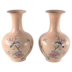 Pair of Chinese Qing Dynasty Style Peach and Floral Porcelain Vases