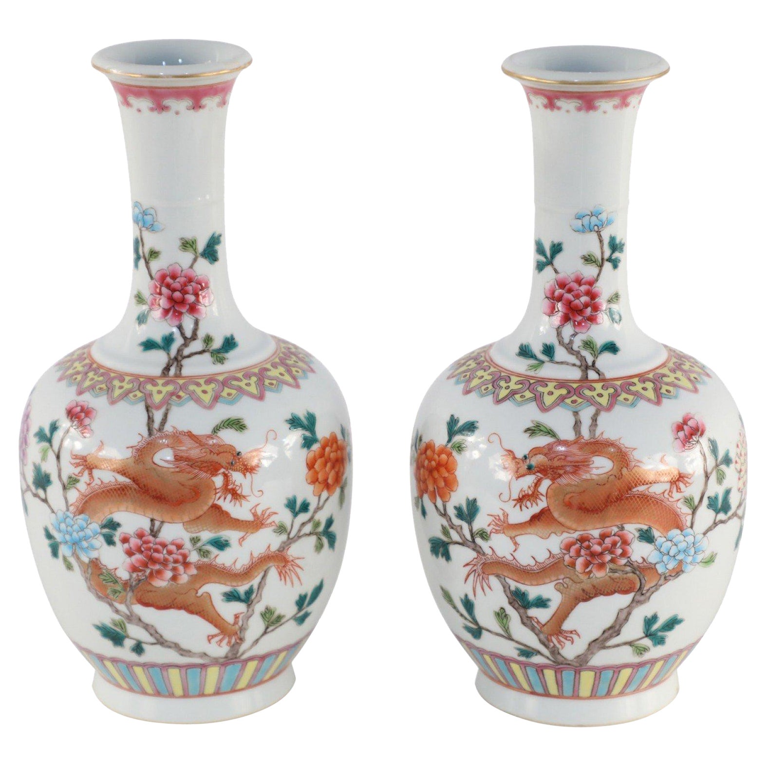 Pair of Chinese Qing Dynasty Style Orange Dragon & Floral Motif Porcelain Vases