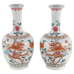 Antique Pair of Chinese Qing Dynasty Style Orange Dragon & Floral Motif Porcelain Vases