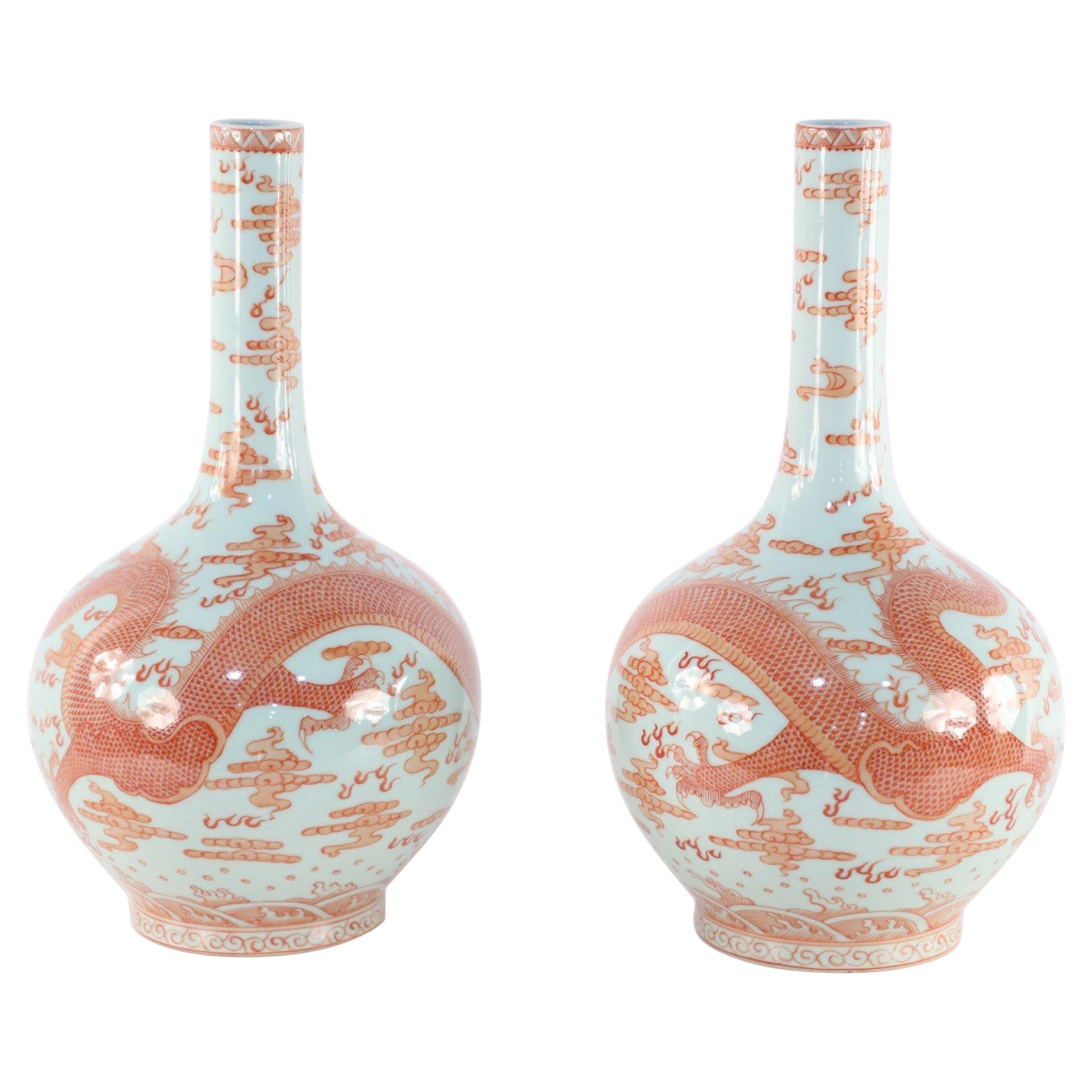 Pair of Chinese Qing Dynasty Style Gray & Alum Red Dragon Motif Porcelain Vases