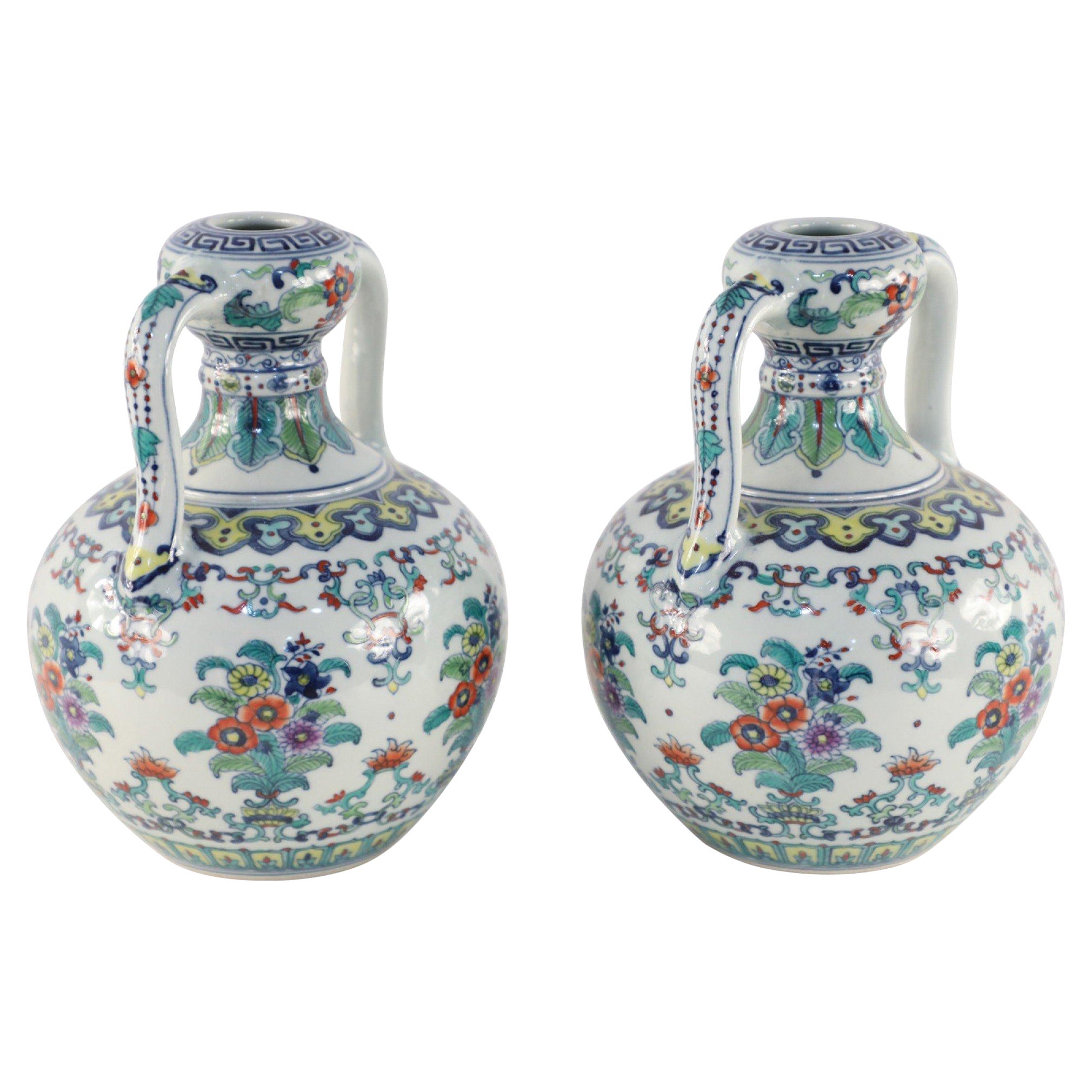 Pair of Chinese Doucai Double Ear Porcelain Vases