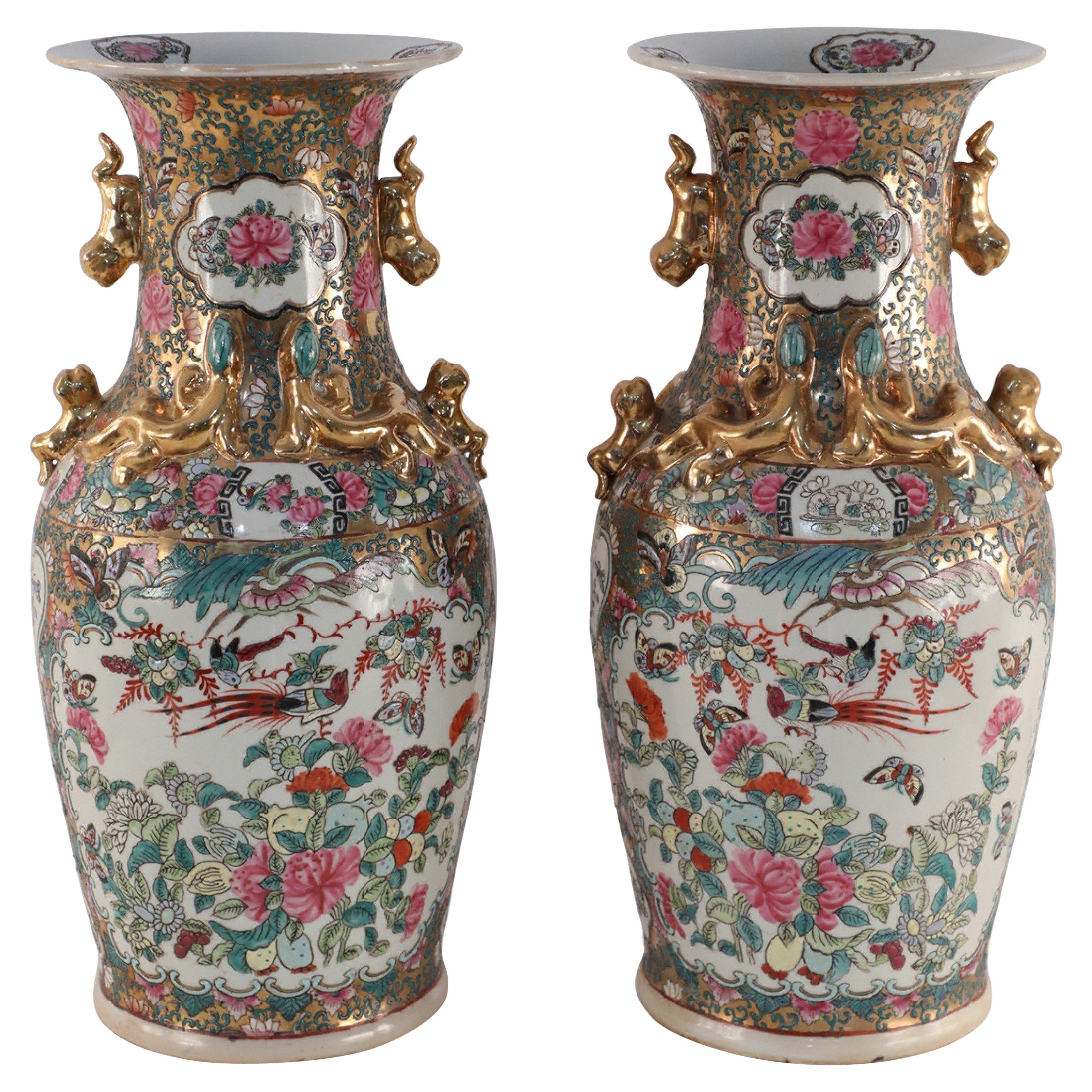 Pair of Chinese Guangcai Gilt Floral Porcelain Sleeve Vases