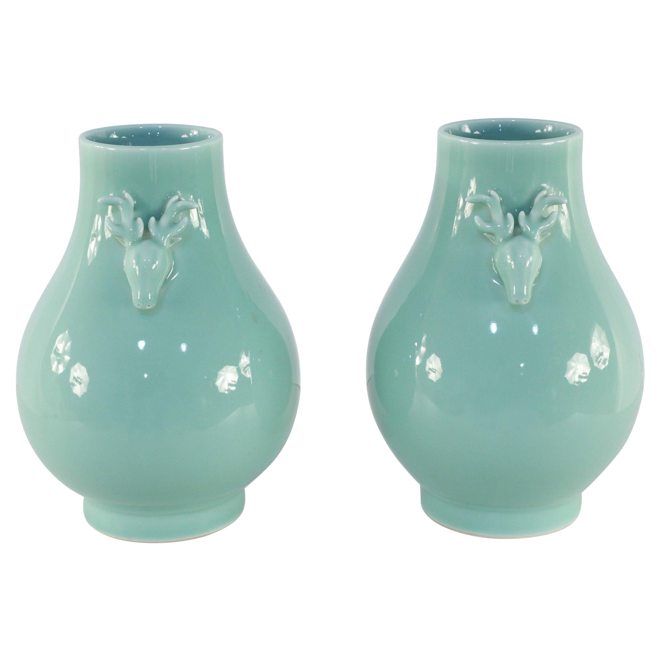 Pair of Chinese Qing Dynasty Style Celadon Pear-Shape Porcelain Vases