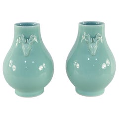 Pair of Chinese Qing Dynasty Style Celadon Pear-Shape Porcelain Vases