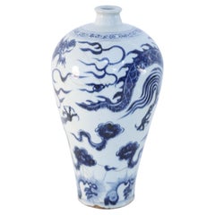 Chinese White and Blue Dragon Design Porcelain Meiping Vase