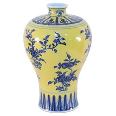 Chinese Yellow and Blue Floral Meiping Porcelain Vase
