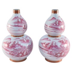 Antique Pair of Chinese Pink and White Porcelain Double Gourd Vases