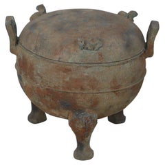 Chinese Han Dynasty Style Patinated Bronze Footed and Lidded Pot