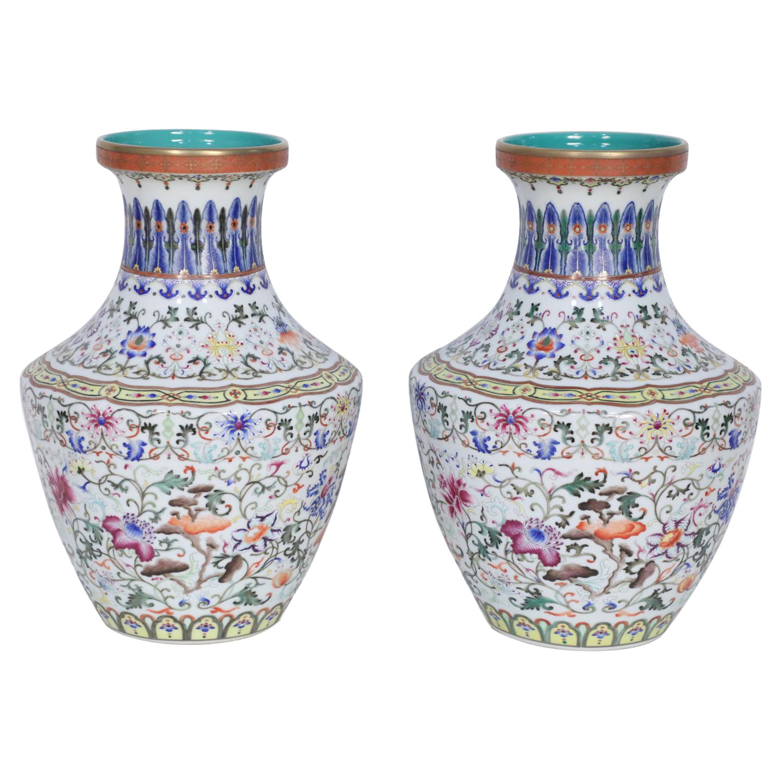 Pair of Chinese Multi-Color Pattern Porcelain Vases