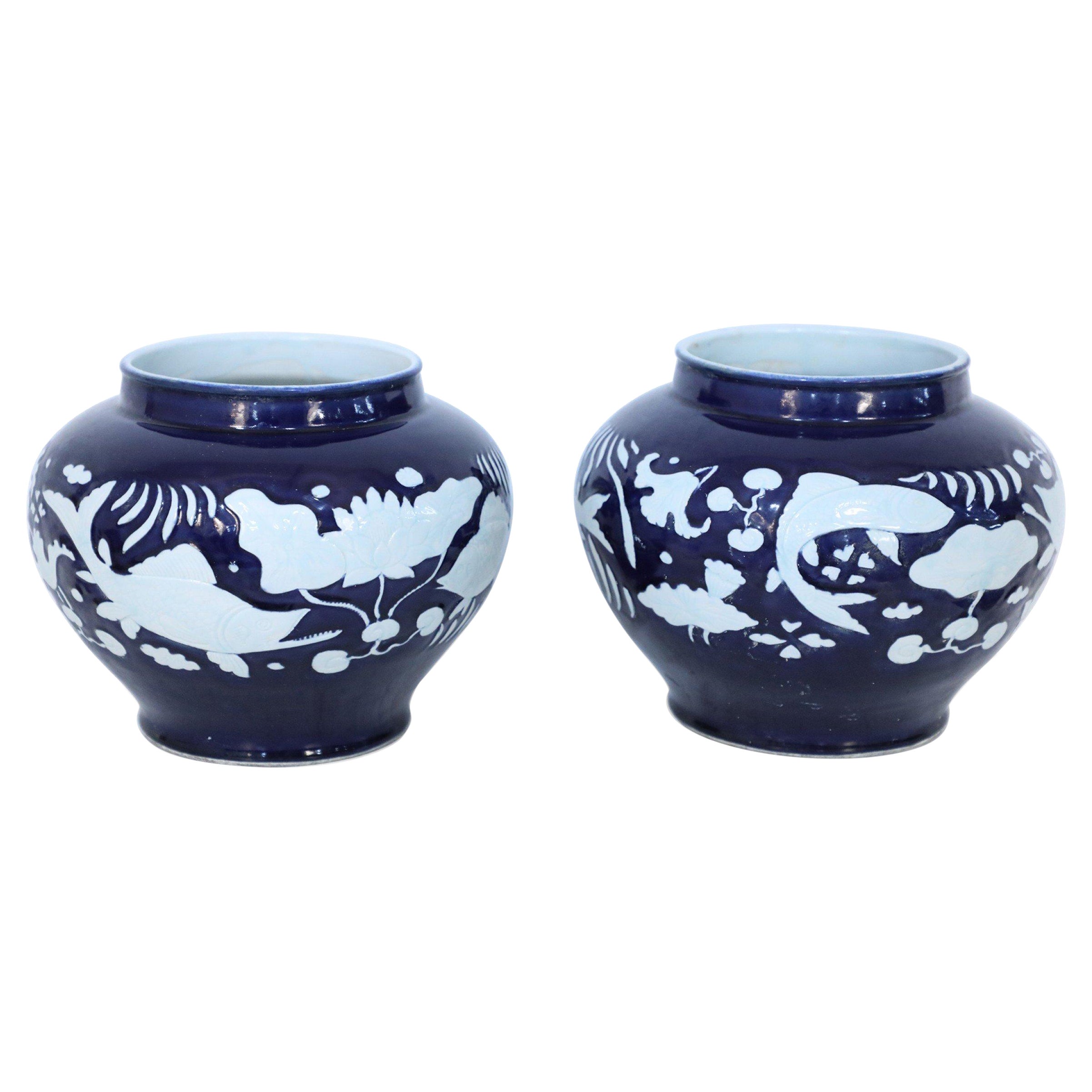 Paire de pots chinois en porcelaine bleu et blanc à motif d'eau souterraine