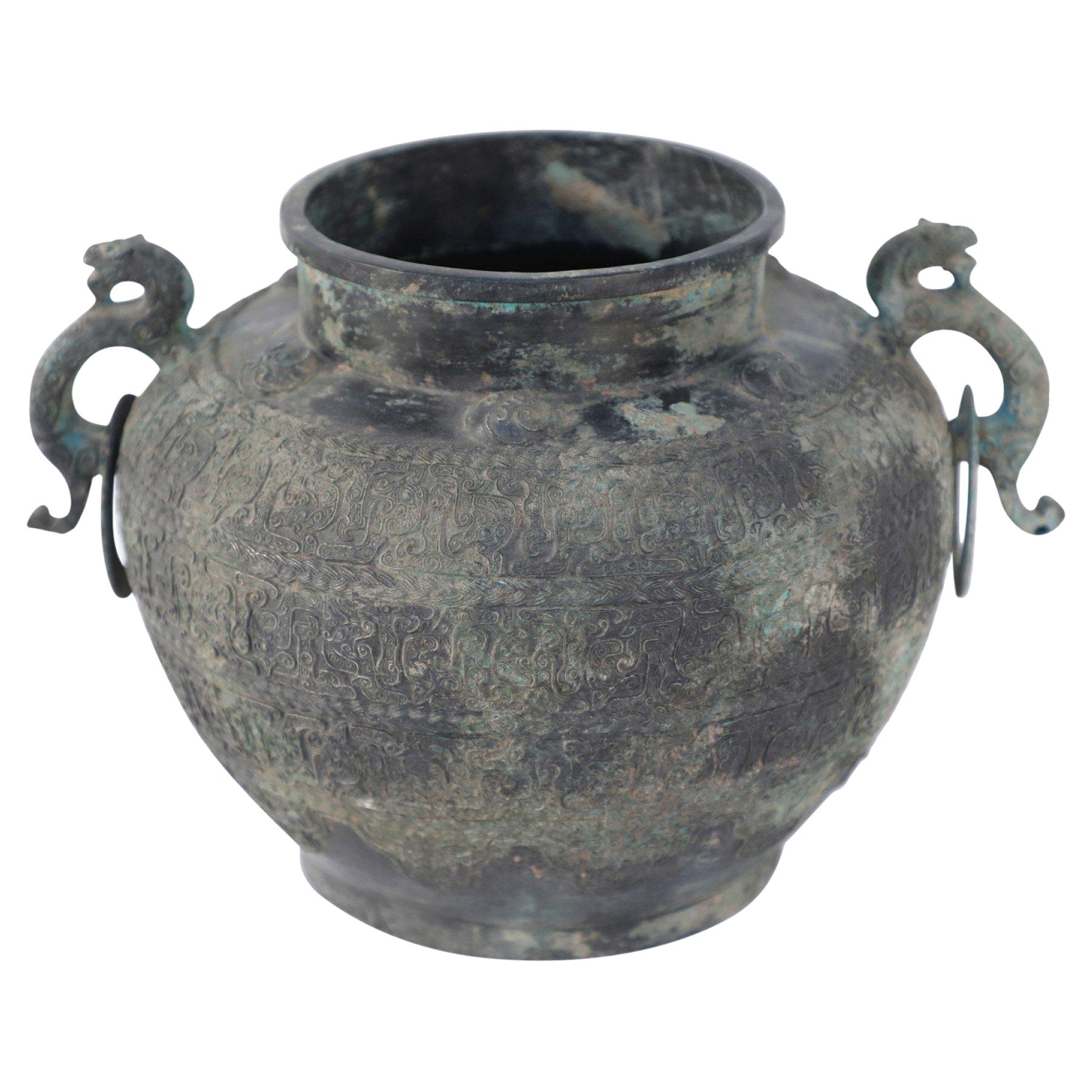 Chinese Han Dynasty-Style Patinated Bronze Handled Pot
