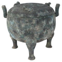 Chinese Han Dynasty-Style Patinated Bronze Lidded and Footed Pot