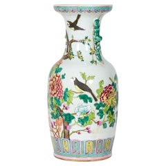 Pair of Antique Chinese Branches & Birds Patterned Porcelain Rouleau Form Vases