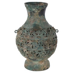 Antique Chinese Han Dynasty-Style Patinated Bronze Pierced Urn