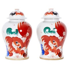 Pair of Antique Chinese Orange Foo Dog Patterned Porcelain Lidded Ginger Jars