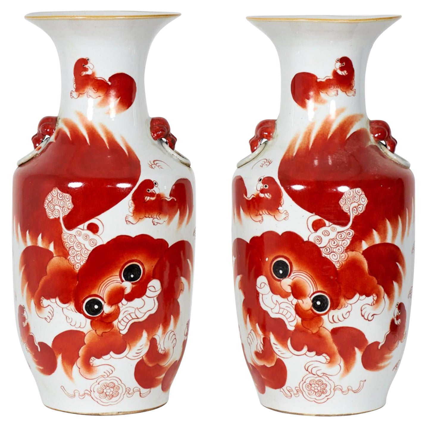 Pair of Antique Chinese Beige and Orange Foo Dog Patterned Porcelain Vases
