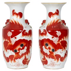 Pair of Antique Chinese Beige and Orange Foo Dog Patterned Porcelain Vases