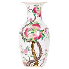 Pair of Antique Chinese Urn Shaped Flowering Fruit Tree Design Porcelain Vases