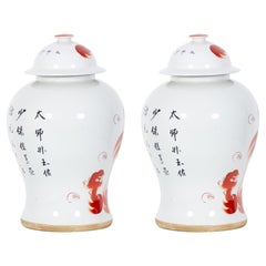 Pair of Antique Chinese Orange Foo Dog Patterned Porcelain Lidded Ginger Jars