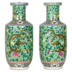 Pair of Antique Chinese Rouleau Shaped Green Foliage Design Porcelain Vases