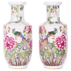 Pair of Antique Chinese Peacock and Floral Patterned Porcelain Rouleau Vases