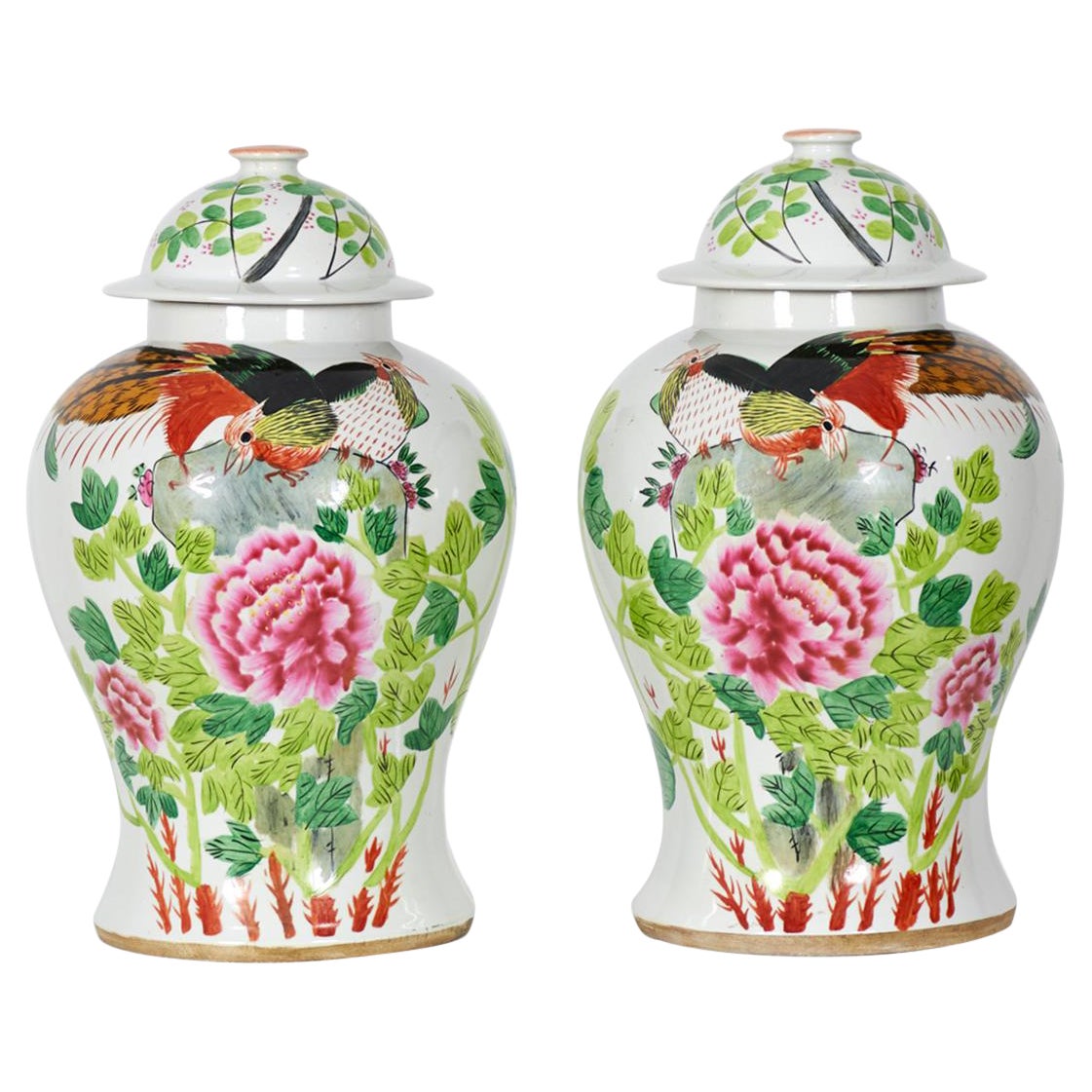 Pair of Antique Chinese Floral and Bird Patterned Porcelain Lidded Ginger Jars