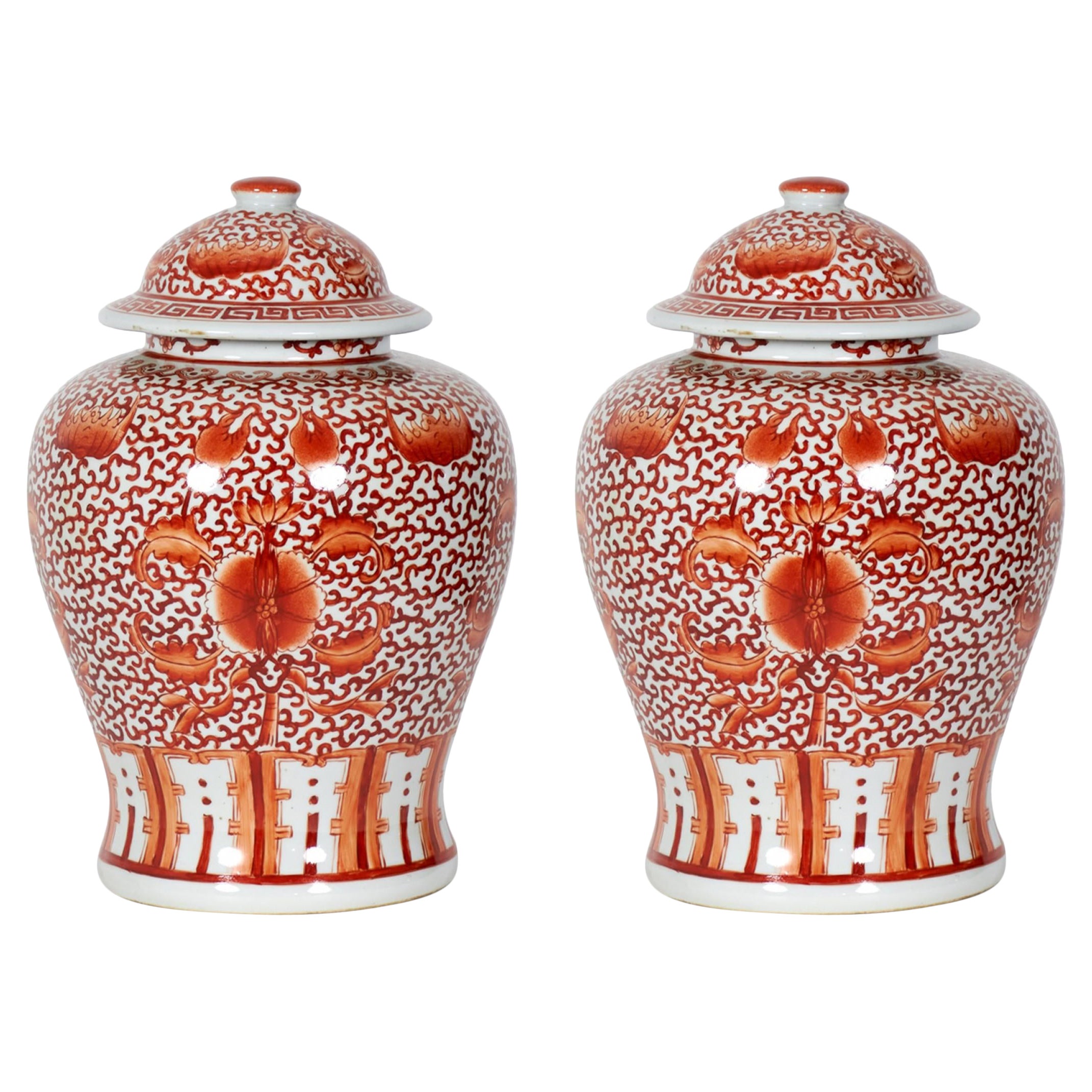 2 Pairs of Antique Chinese Orange and White Design Porcelain Ginger Jars