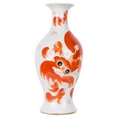 Vintage Chinese Urn Shaped Orange Foo Dog Design Porcelain Vases