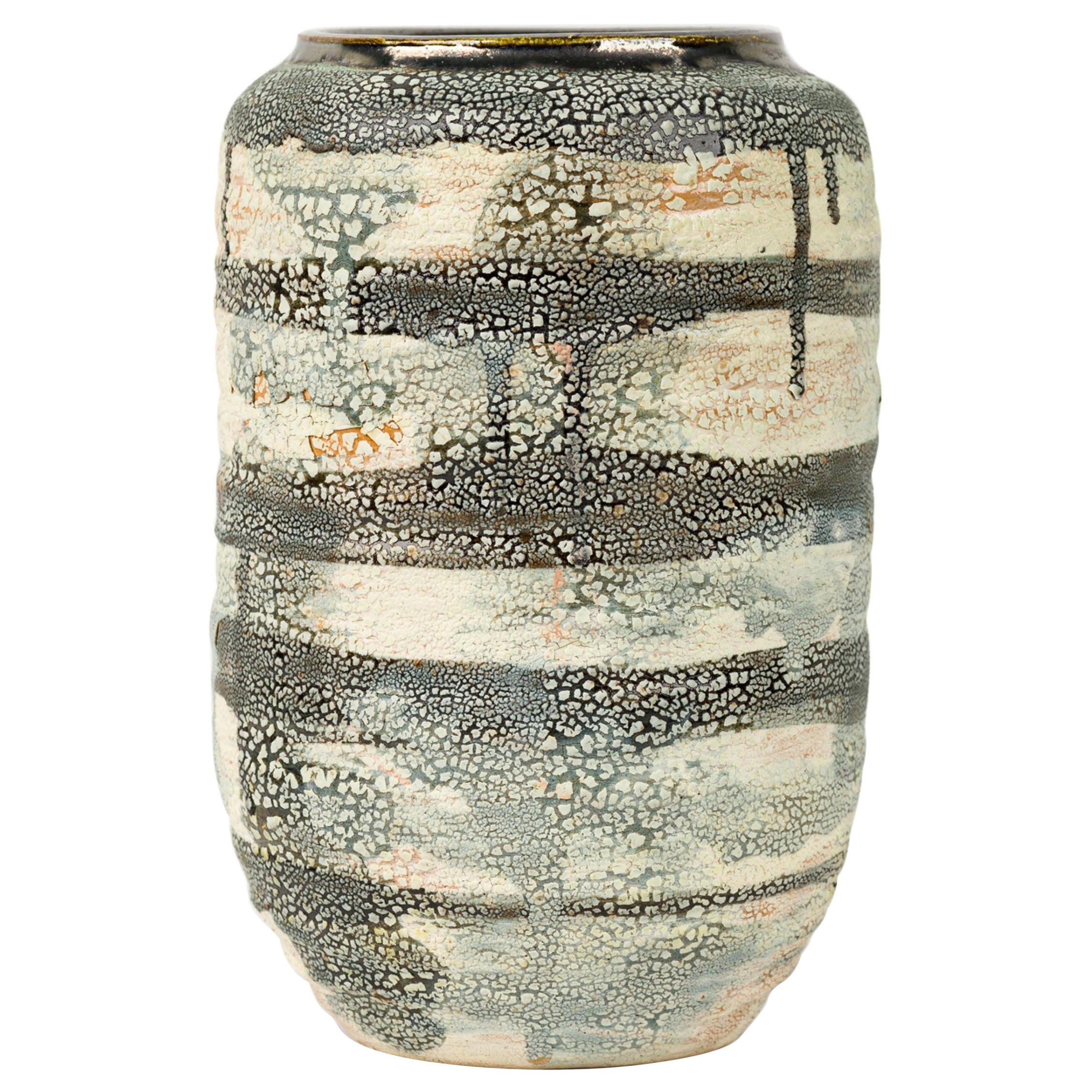 Gary DiPasquale Schwarze Schwarze, grau-weiße Vase mit großem Tropfmuster und schwarzem Innenraum