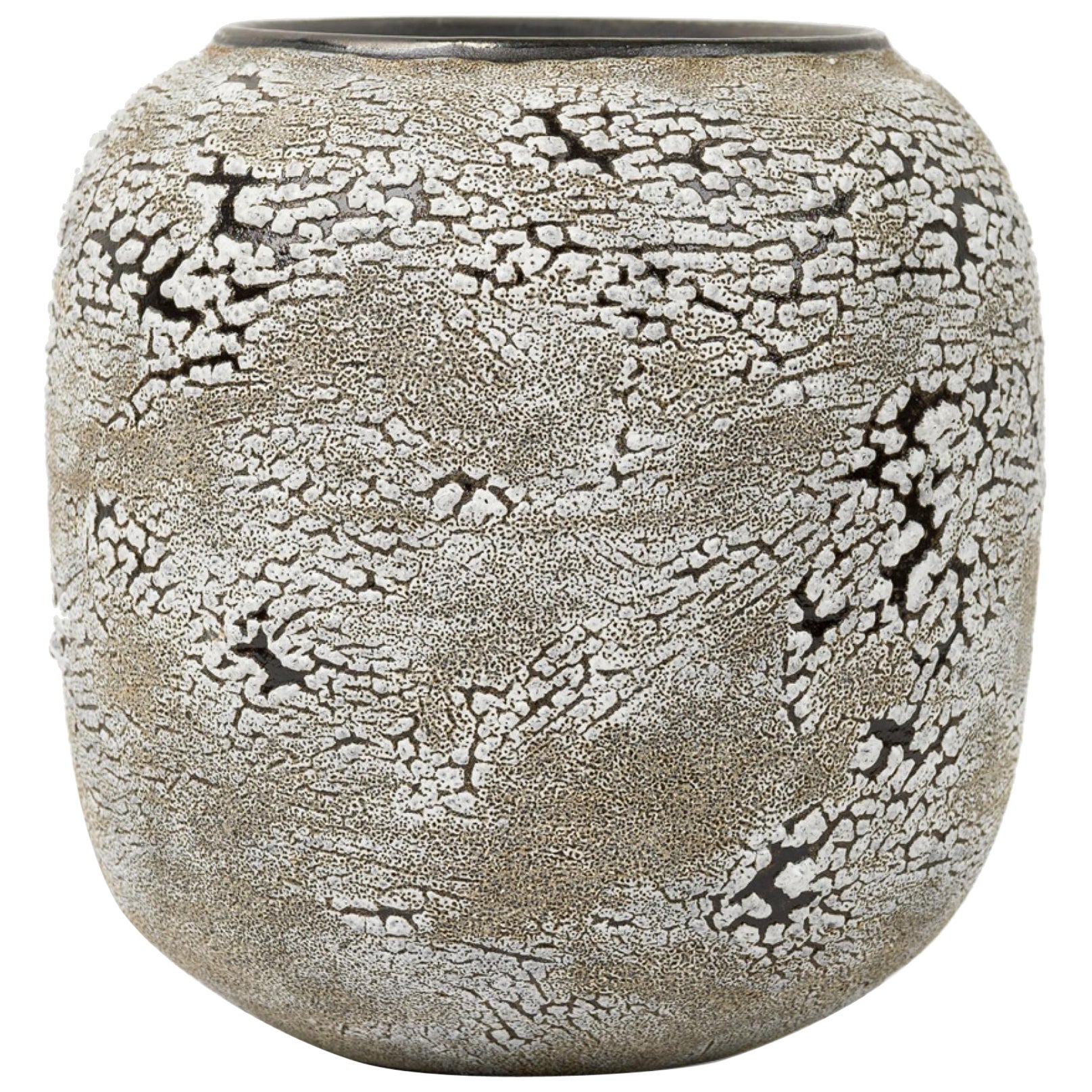 Gary DiPasquale Black & White Bark Textured Barrel Vase with Black Interior