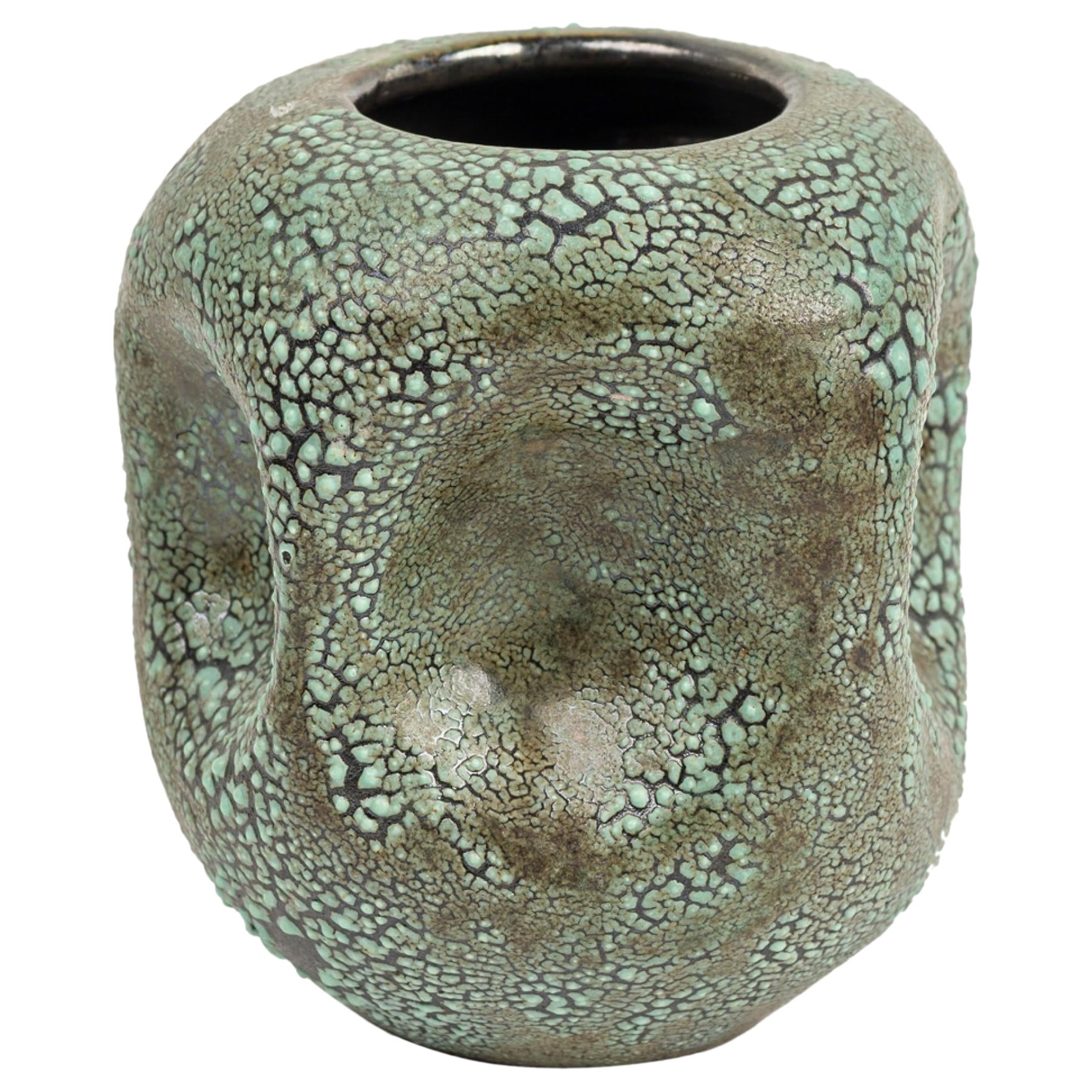Gary DiPasquale Green Bark Textured Vase with Indented Sides & Black Interior