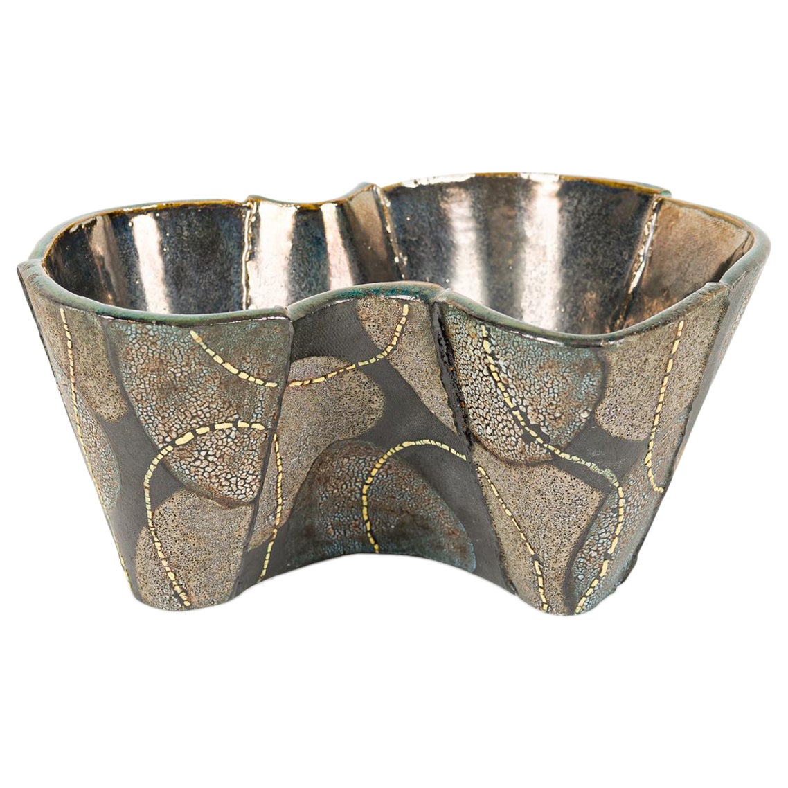 Gary DiPasquale Low Asymmetrical Wavy Vessel Black, White & Grey Textured Glaze