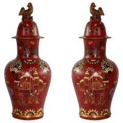 Pair of Asian Rooster Finial Lidded Red Urns
