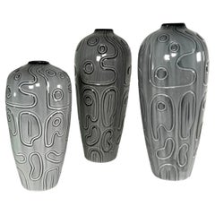 Group of 3 Italian Modern Studio Gray Glazed and Incised Ceramic Vases
