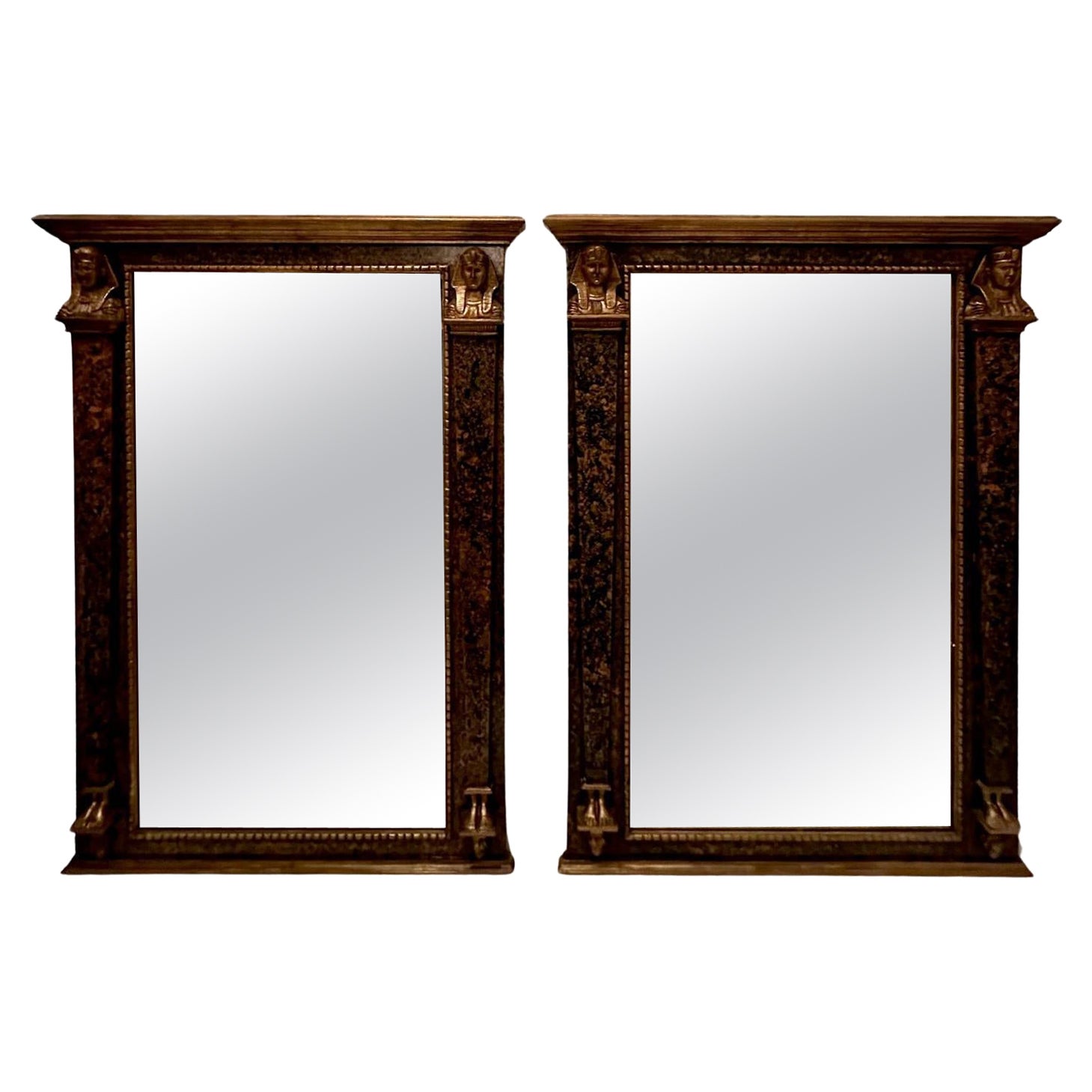 Monumental Dramatic Pair of Egyptian Revival Marbleized & Gilded Mirrors