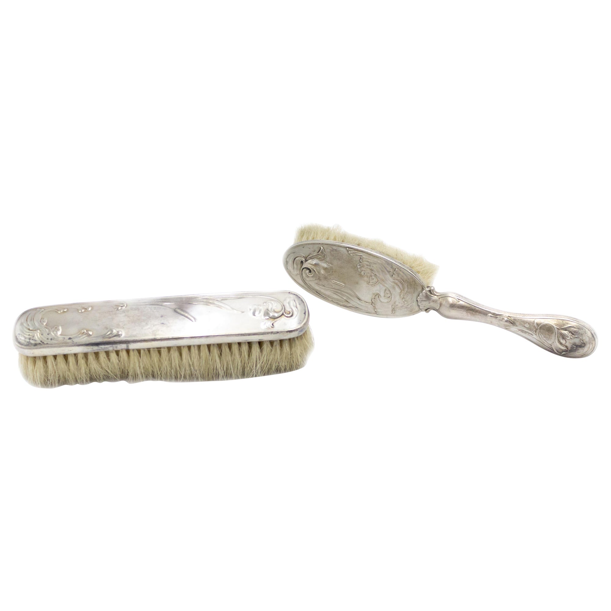 Set di pennelli in argento a 2 pezzi in stile Art Nouveau francese