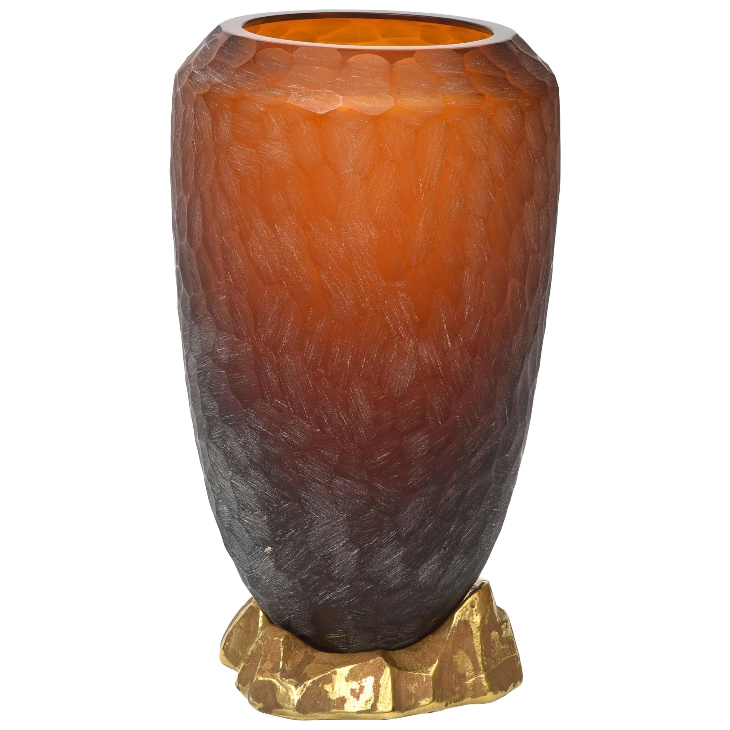 Seltene moderne italienische Vase aus dunklem Bernstein und vergoldetem Dekor, Seguso