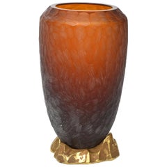 Rare Italian Modern Dark Amber and Gilt Decorated Vase, Seguso