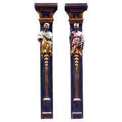 Pareja de Pilastras Religiosas Policromadas Rococó Italianas