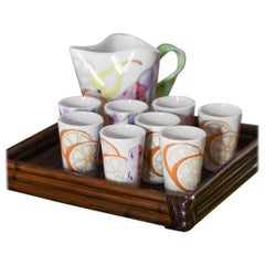 “Ernestine Ceramiche Salerno” 1950 table set. N.1 jug + n.8 hand-painted glasses