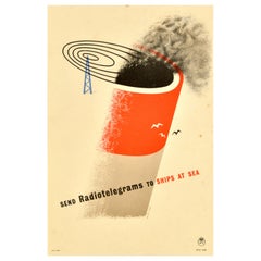 Original Vintage General Post Office Poster Send Radiotelegrams To Ships At Sea