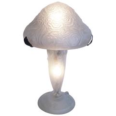 Antique Art Deco French Satin Glass Lamp with Lit Base of Nudes