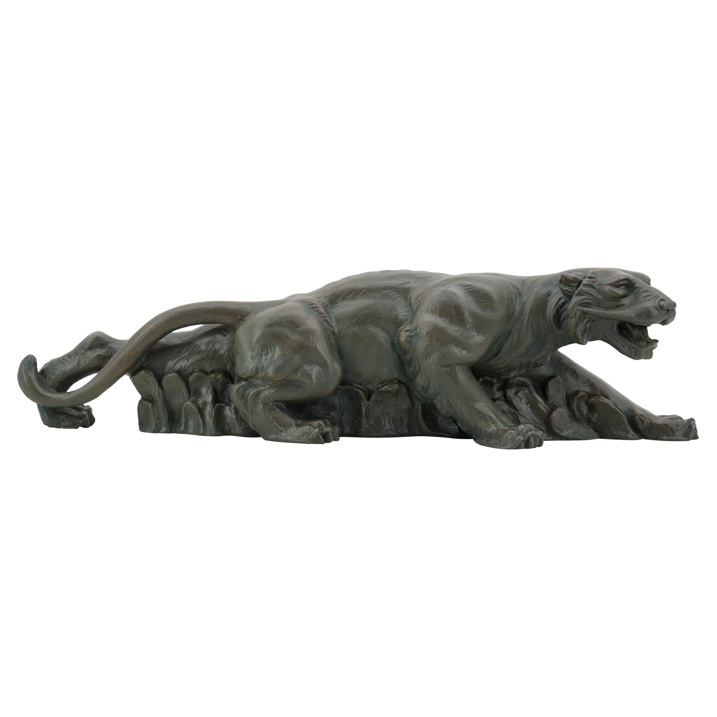 French Art Deco Tiger on the Prowl Sculpture, 1900s