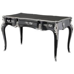 Desk Louis XV in Black Lacquered Wood with Leather Top and Nickel Finish