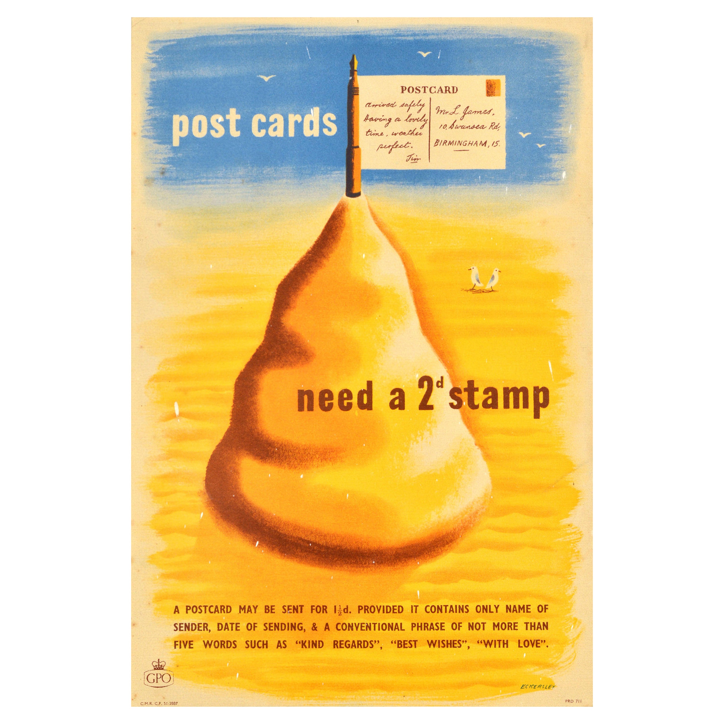 Original Vintage General Post Office Poster Post Cards Need A Stamp Eckersley