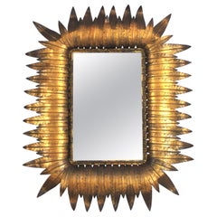 Espejo Rectangular Foliage Sunburst en Hierro Dorado, Hollywood Regency