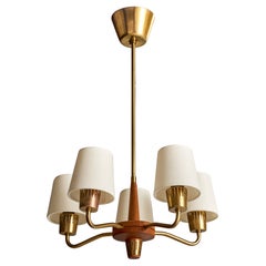 ASEA, Chandelier, Brass, Teak, Fabric, Sweden, 1950s