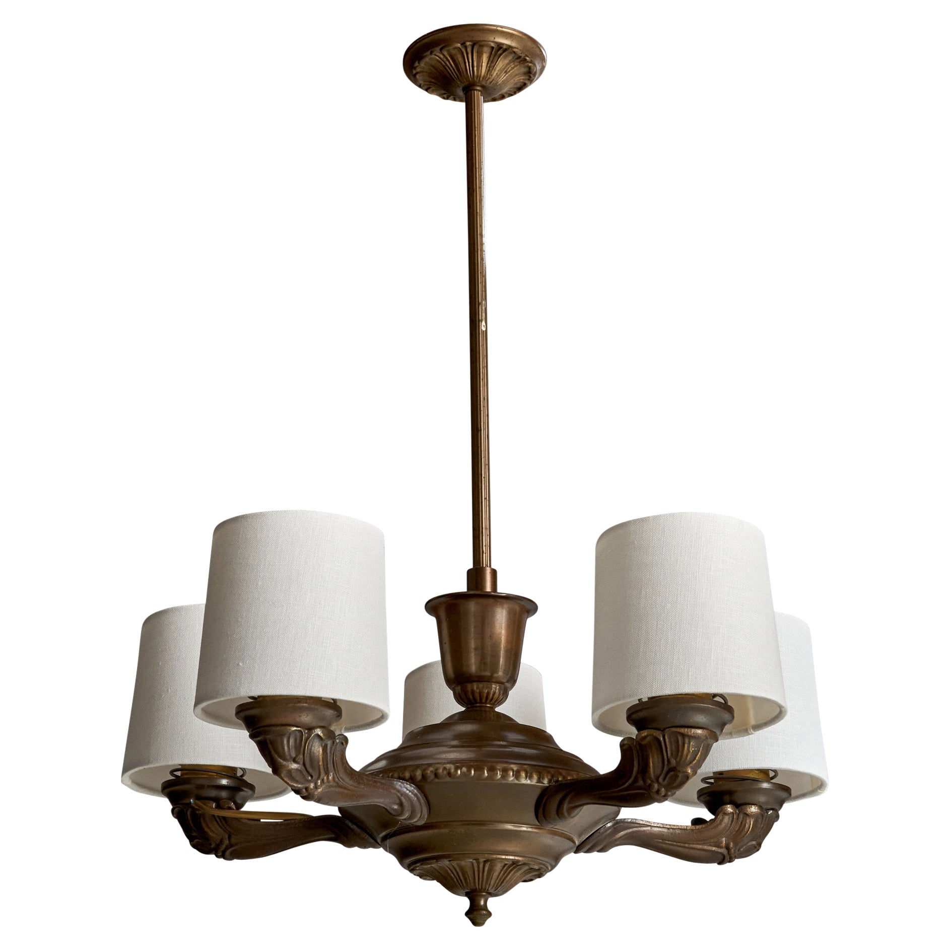 Swedish Designer, Chandelier, Brass, Fabric, Sweden, 1930s