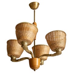 Vintage Swedish Designer, Chandelier, Oak, Brass, Rattan, Sweden, 1940s